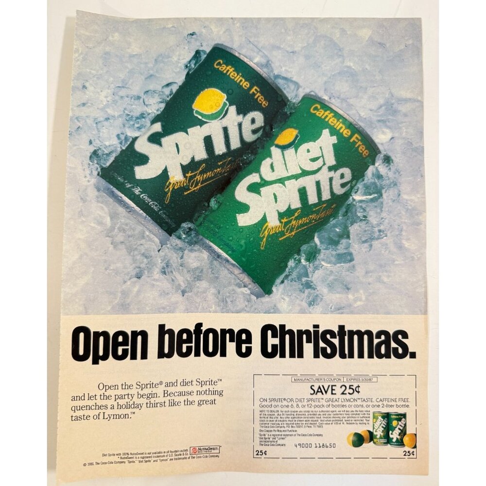 Vintage 1986 Sprite Open Before Christmas Beverage Advertisement Print Ad
